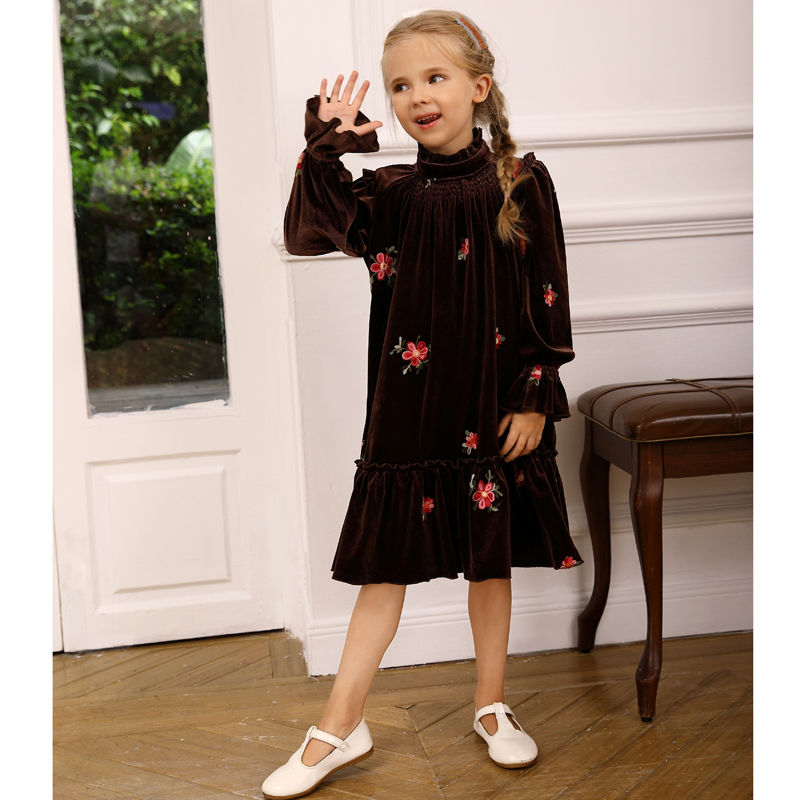 Children Girls Winter Kids Outdoor Embroidery Velvet Girl Dress
