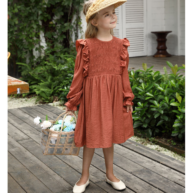 Customized Round Neck Collar Girls' Dress Toddler Dresses Ruffle Rust Color Dresses