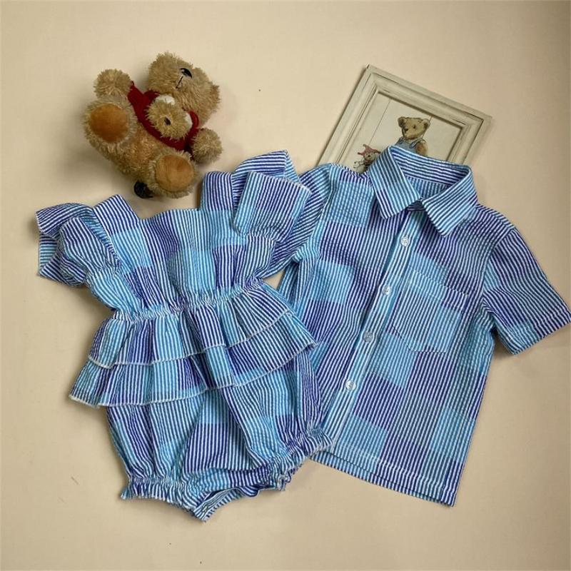 Family Matching Outfits Mommy And Me Blue Stripe Printing Dresses
