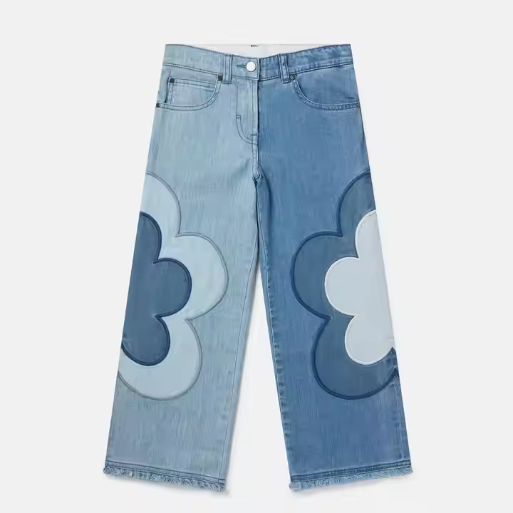 Custom Light Blue Dark Blue Floral Pattern Denim Pants for Girls Wide Leg With Contrast Color Direct Factory Custom Denim Jeans