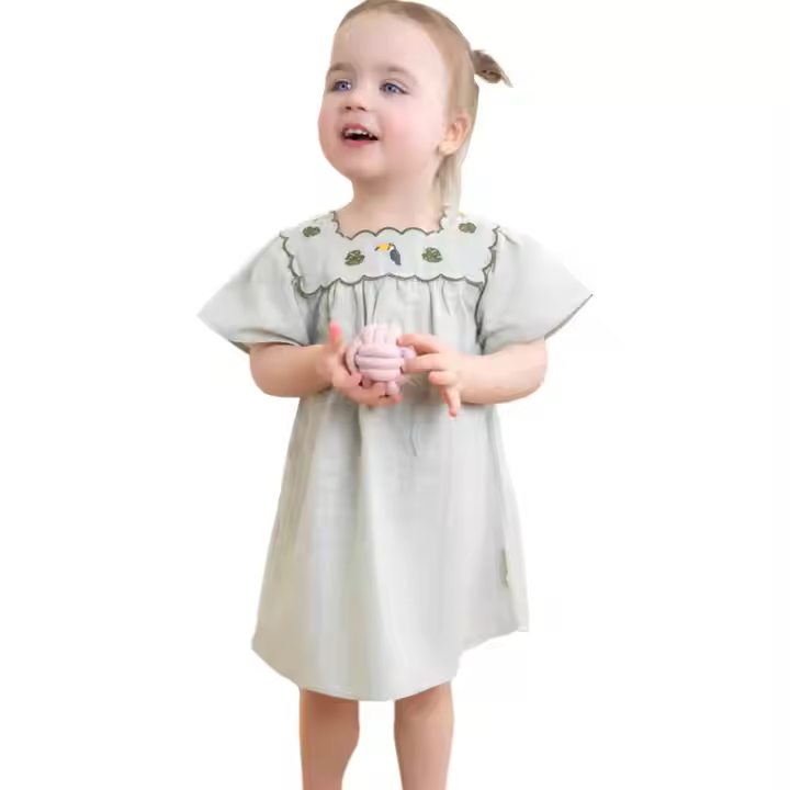 Wholesale Summer Comfortable Boutique Light Olive Color Flora Embroidery Elegant Dailylife Dress for Girls