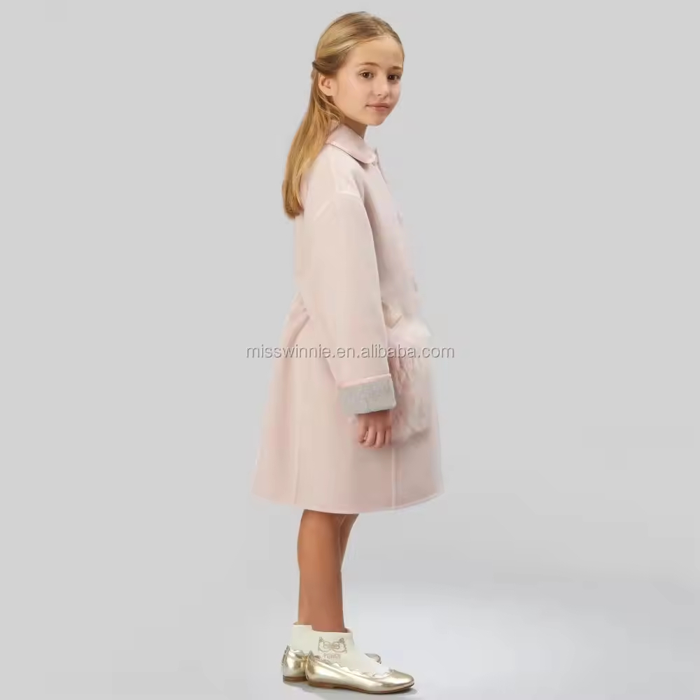 Kids Girl Winter Coat Woolen Fabric Pure Pattern Casual Style China Guangzhou Children Clothes
