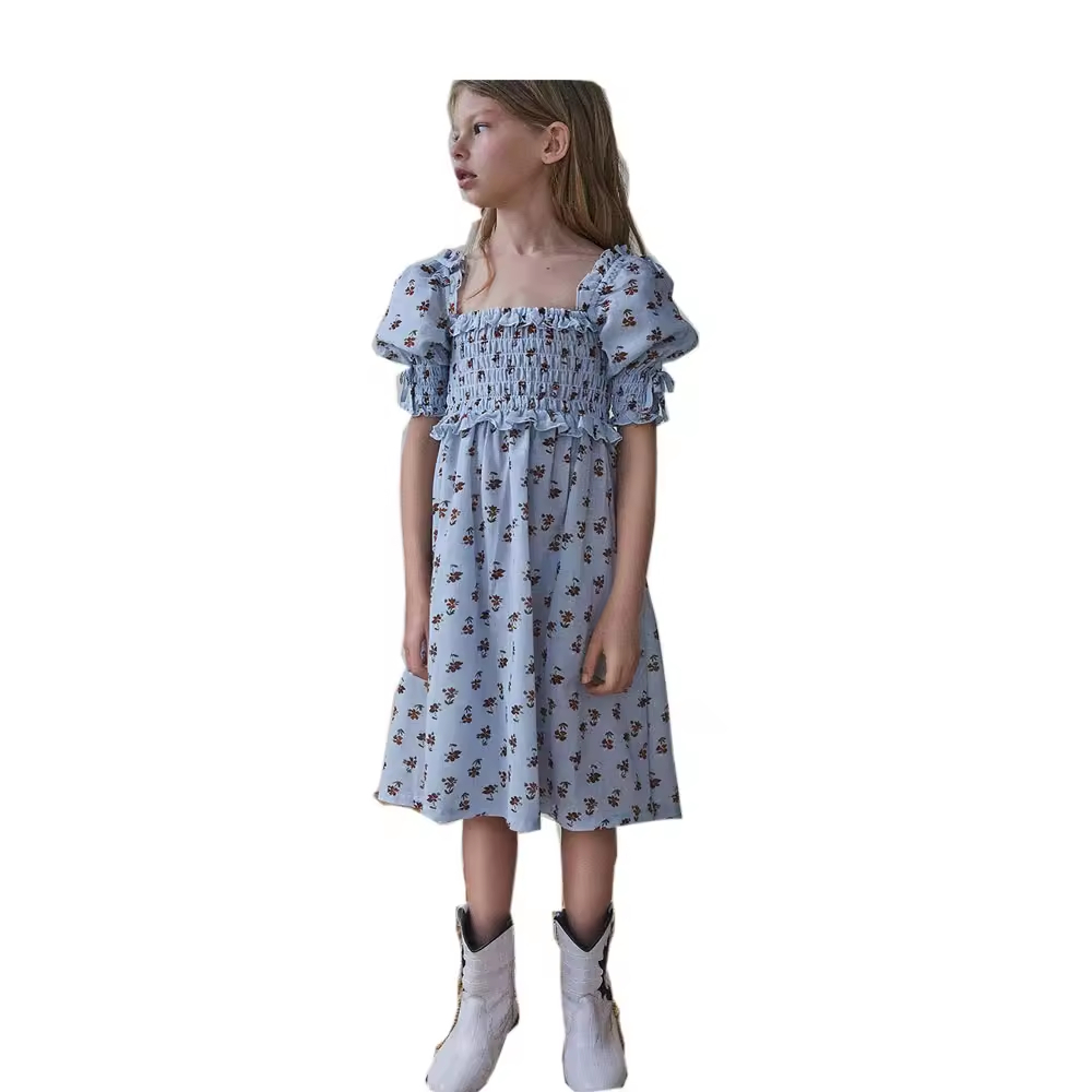 100% Cotton Girl Floral Printed Summer Casual Style Knee-Length Children's Clothing Fluffy Sleeves Smocking Designs Manufactured