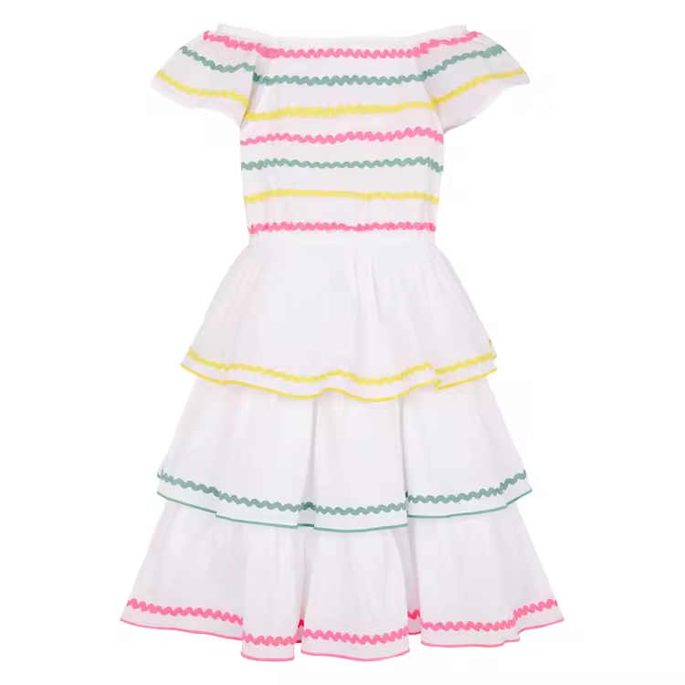 Guangzhou Wholesale Simple White Color Fashion Party Maxi Girl's Dresses off Shoulder Different Color Ribbon Baby Girl Dress