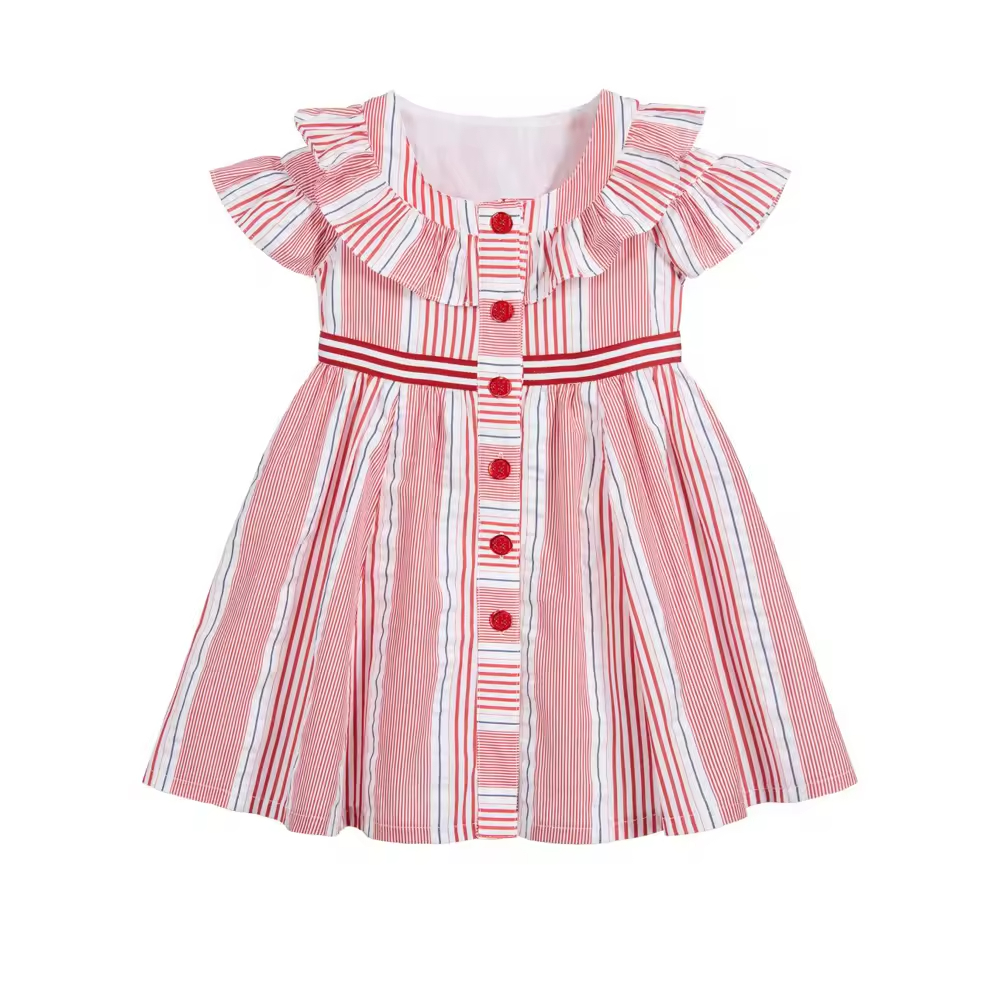 Customized Newest Design Buttons Front Ruffles Collar Dresses Kids Woven Cotton Yarn Dyed pink White Stripes Girl Dress