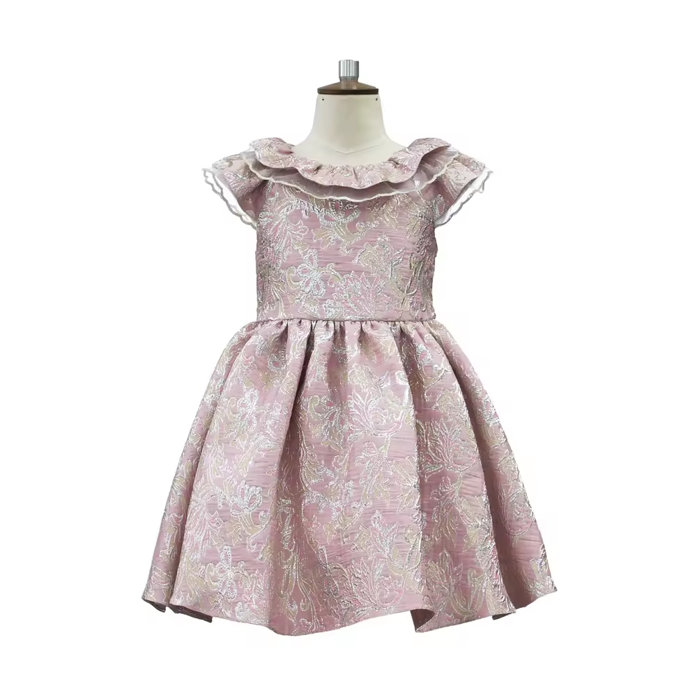 Custom Brand Round Neck Ruffle Collar Girl Dress Beautiful Jacquard Party Dresses for Girls 4-14Y
